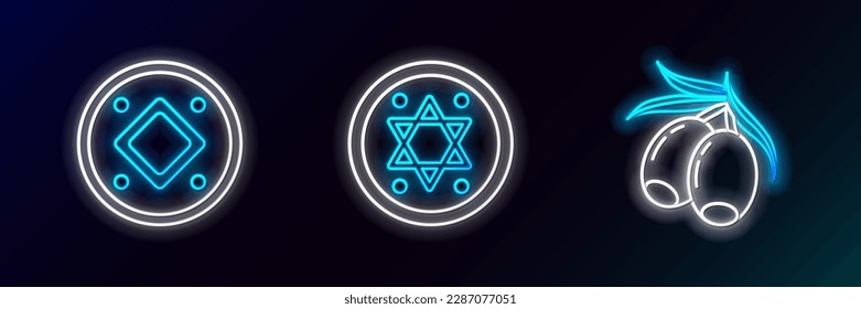 Set line Olives branch, Jewish coin and  icon. Glowing neon. Vector