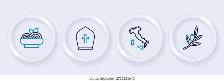 Set line ramificação azeitonas, Mapa da Itália, chapéu de papa e ícone espaguete de massa. Vetor