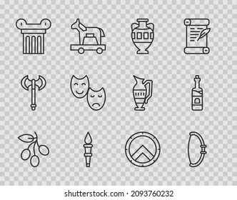Set line Olives branch, Medieval bow, Ancient amphorae, Torch flame, column, Comedy and tragedy masks, Greek shield and Bottle of wine icon. Vector