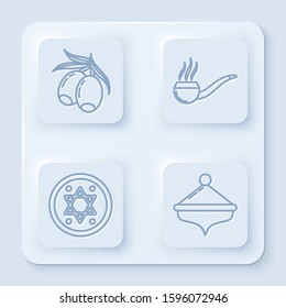 Set line Olives branch, Smoking pipe with smoke, Jewish coin and Hanukkah dreidel. White square button. Vector