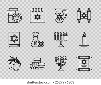 Set Linie Oliven Zweig, Torah scroll, Decanter mit Stern von David, jüdische Münze, Geldtasche und, Hanukkah menorah und Burning Kerze Kerzenständer Symbol. Vektorgrafik