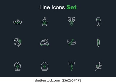 Set line Olives branch, Wine corkscrew, Pope hat, French baguette bread, Gondola boat, Scooter and Map of Italy icon. Vector