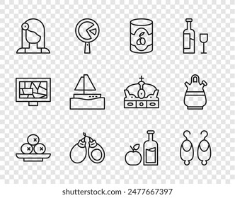 Set line Olives on plate, Earrings, can, Castanets, Spanish woman, Yacht sailboat, Apple cider bottle and Sangria pitcher icon. Vector