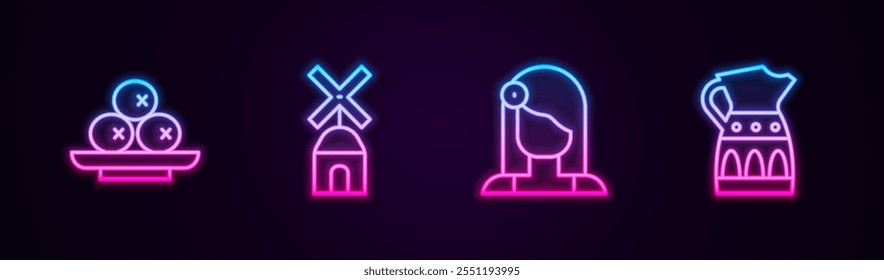 Set line Olives on plate, Windmill, Spanish woman and Sangria pitcher. Glowing neon icon. Vector