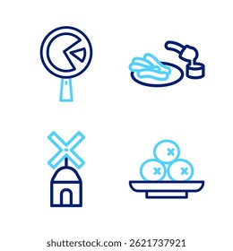 Set line Olives on plate, Windmill, Churros and chocolate and Omelette frying pan icon. Vector