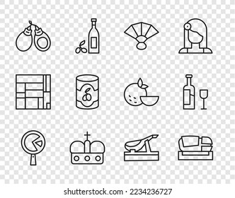 Set line Omelette in frying pan, Stadium Mestalla, Fan flamenco, Crown of spain, Castanets, Olives can, Spanish jamon and Wine bottle with glass icon. Vector