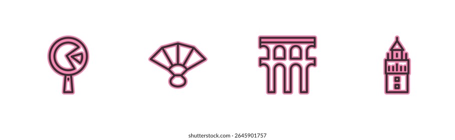 Set line Omelette in frying pan, Aqueduct of Segovia, Fan flamenco and Giralda icon. Vector