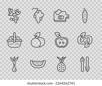 Set line Onion, Asparagus, Cutting board with vegetables, Watermelon, Ginger root, Mango fruit, Pineapple and Leaf Eco symbol icon. Vector
