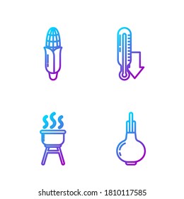 Set line Onion, Barbecue grill, Corn and Meteorology thermometer. Gradient color icons. Vector