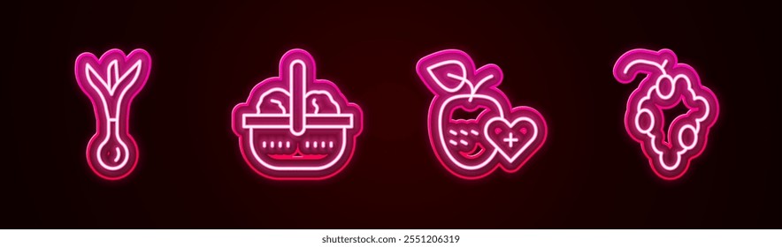 Set line Onion, Basket and food, Healthy fruit and Grape. Glowing neon icon. Vector