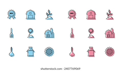 Set line Onion, Can container for milk, Banner, label, tag, logo eco, Sunflower, Farm House concept, Garden rake and  icon. Vector