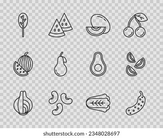 Set line Onion, Fresh cucumber, Melon fruit, Beans, Spinach, Pear, Cabbage and Tomato icon. Vector