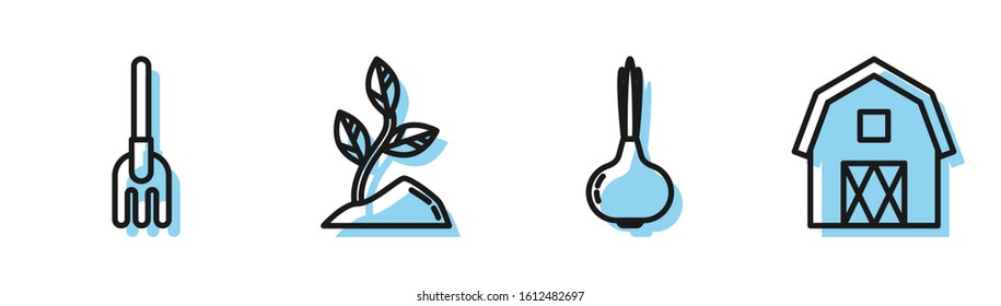 Set line Onion, Garden rake, Sprout and Farm House concept icon. Vector
