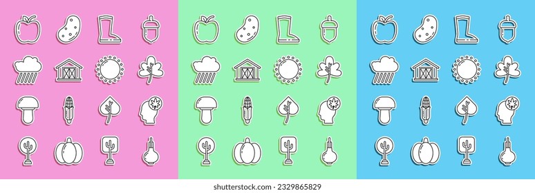 Set line Onion, Human head with leaf, Leaf or leaves, Waterproof rubber boot, Farm house, Cloud rain, Apple and Sun icon. Vector