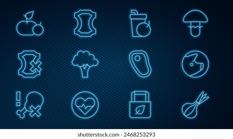 Fije la línea Cebolla, Cerdo, Batido fresco, Brócoli, Sin cuero, Manzana, Carne de bistec y el icono de cuero. Vector