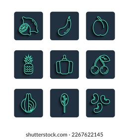 Set line Onion, Spinach, Beans, Plum fruit, Bell pepper, Pineapple, Lemon and Cherry icon. Vector