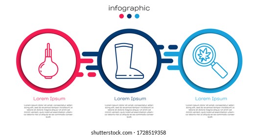 Fijar la línea de cebolla, funda guardapolvo impermeable y vidrio de aumento con hoja. Plantilla de infografía de negocios. Vector
