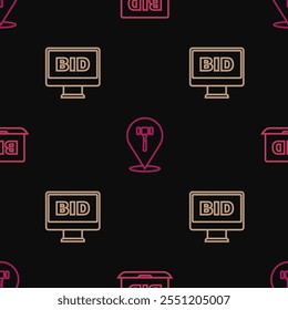 Set line Online auction,  and Auction hammer on seamless pattern. Vector