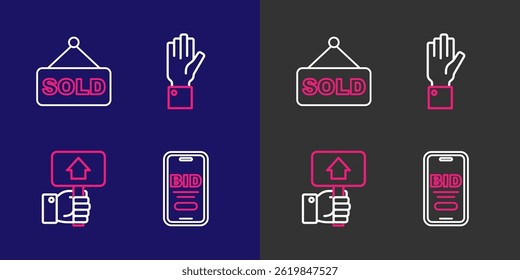 Set line Online auction, Hand holding paddle,  and Auction sold icon. Vector