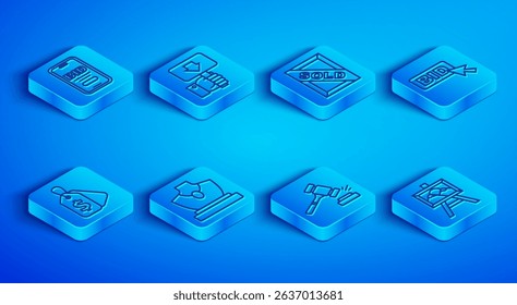 Set line Online auction, Hand holding paddle, Auction painting sold, jewelry sale, hammer, Bid, Price tag with Sale and  icon. Vector