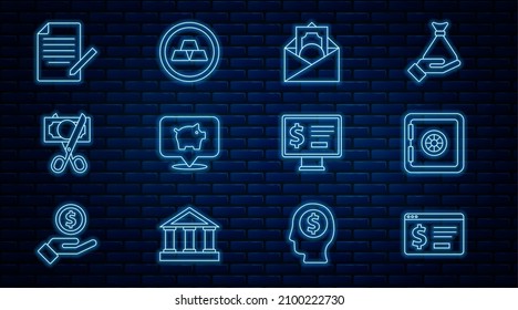 Línea Banca en línea con el icono de dólar, caja fuerte, símbolo sobre, cernidor, tijeras cortando dinero, Documento y bolígrafo, Monitor y barras de oro. Vector
