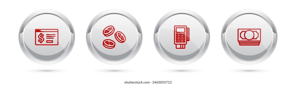 Set line Online banking with dollar, Coin money, POS terminal credit card and Stacks paper cash. Silver circle button. Vector