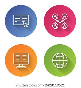 Set line Online book, class, on monitor and Social network. Color circle button. Vector