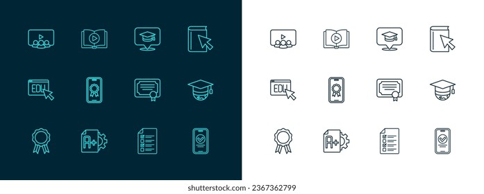 Set line Online book, Exam sheet with A plus grade, Certificate template, quiz, test, survey, education diploma, Graduation cap speech bubble, class and Audio icon. Vector