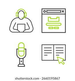 Set line Online book, Microphone, Browser window and Student icon. Vector