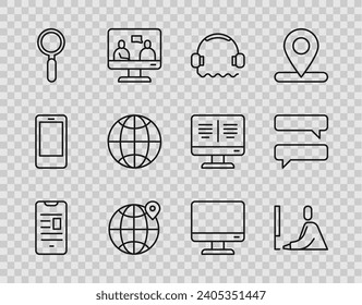 Set line Online book on mobile, Student working at laptop, Headphones, Location the globe, Magnifying glass, Social network, Computer monitor screen and Speech bubble chat icon. Vector
