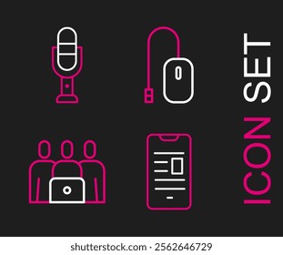 Set line Online book on mobile, class, Computer mouse and Microphone icon. Vector