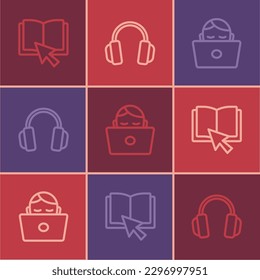 Set line Online book, Student working at laptop and Headphones icon. Vector