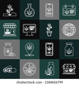 Set Line Online Buying Marijuana, Medical Bottle With, Legalize, Marijuana And Cannabis Store, Planting And Plant Pot Icon. Vector