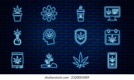 Línea de compra online de marihuana, Calendario y, Café de la copa con, Perfil de la cabeza, Tubo de prueba, Placa de Marihuana, Escudo e ícono. Vector