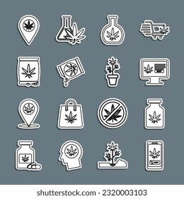 Fijar línea Comprar marihuana, Botella médica con, Tubo de prueba, Marihuana o semillas de cannabis, Ubicación e ícono de olla vegetal. Vector