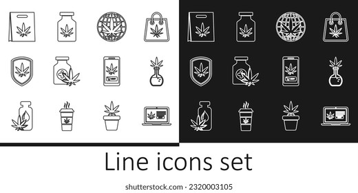 Set line Online buying marijuana, Test tube with, Legalize, Medical bottle, Shield and, Shopping bag of,  and  icon. Vector