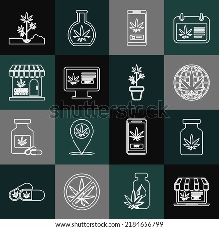 Set line Online buying marijuana, Medical bottle with, Legalize, Marijuana and cannabis store, Planting and plant pot icon. Vector