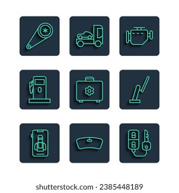 Set line Online car services, Windshield, Car key with remote, Check engine, Toolbox, Petrol or Gas station, Timing belt kit and Windscreen wiper icon. Vector