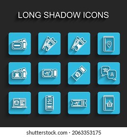 Set line Online car sharing, Mobile with ticket, Ticket, Airline, Cover book travel guide, Translator and Bus icon. Vector