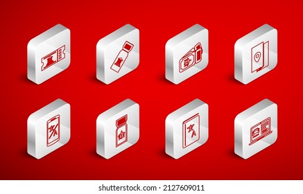 Set line Online car sharing, Museum ticket, Airline, Cover book travel guide, Translator, and translator icon. Vector