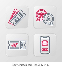 Set line Online car sharing, Airline ticket, Translator and Bus icon. Vector