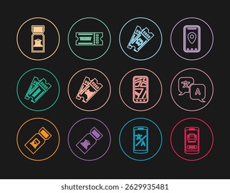 Set line Online car sharing, Translator, Bus ticket, Museum, Ticket, Infographic of city map and  icon. Vector