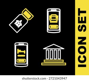Set line Online car sharing, Museum building, hotel booking and Airline ticket icon. Vector