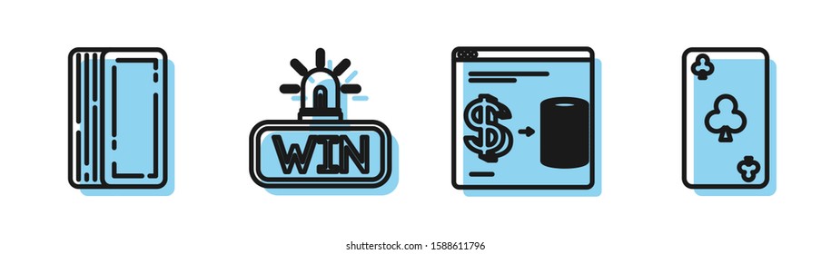 Set line Online casino chips exchange on stacks of dollars, Deck of playing cards, Casino win and Playing card with clubs symbol icon. Vector