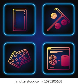 Set line Online casino chips exchange on stacks of dollars, Game dice, Playing card back and Stick for chips. Gradient color icons. Vector