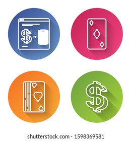 Set line Online casino chips exchange on stacks of dollars, Playing card with diamonds symbol, Deck of playing cards and Dollar symbol. Color circle button. Vector