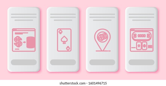 Set line Online casino chips exchange on stacks of dollars, Playing card with spades symbol, Casino location and Online poker table game. White rectangle button. Vector
