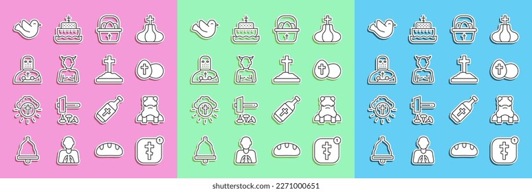 Set line Online church pastor preaching, Priest, Easter egg, Basket with easter eggs, Krampus, heck, Knight crusader, Dove and Grave cross icon. Vector