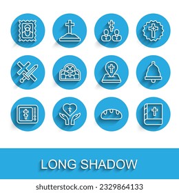 Set line Online church pastor preaching, Religious cross heart, Christian icon, Bread loaf, Holy bible book, Stained glass, Church bell and Location building icon. Vector