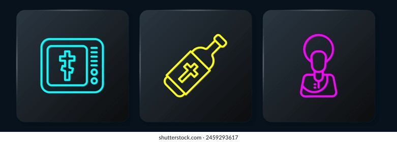 Set line Online church pastor preaching, Jesus Christ and Holy water bottle. Black square button. Vector